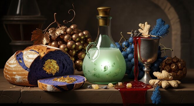 Mysterious elixir and grapes in a dark moody still life arrangement with ornate objects