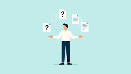Man surrounded by documents with question marks