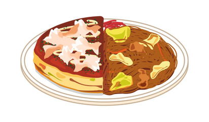 皿に盛ったお好み焼きと焼きそばとイラスト