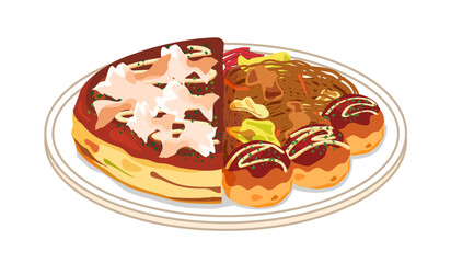 皿に盛ったお好み焼きと焼きそばとたこ焼きのイラスト