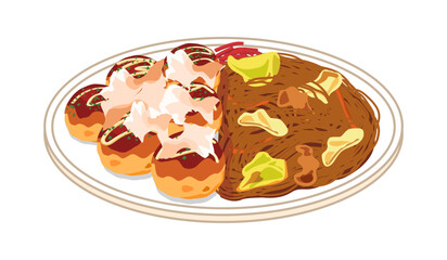皿に盛ったたこ焼きと焼きそばのイラスト