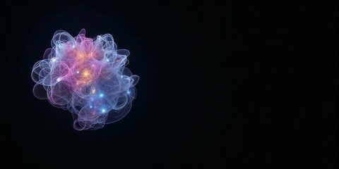 Abstract neon light sculpture on black background, with lots of room for copy
