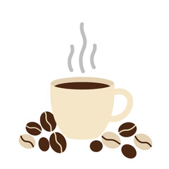 A steaming cup of coffee sits among scattered roasted coffee beans, isolated.