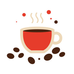 A steaming cup of coffee is depicted with coffee beans scattered around it and abstract red and brown dots floating above.