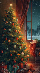 Cozy Christmas Tree with Presents by Window on Snowy Winter Night