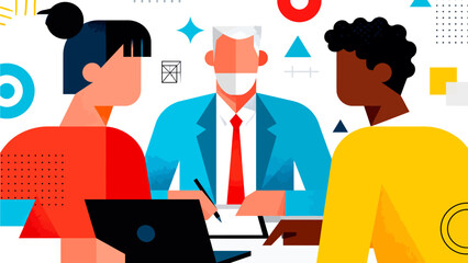 Three people in business meeting with laptop