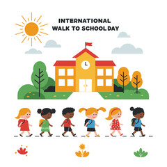 A diverse group of children with backpacks walking in a line to school on International Walk to School Day.