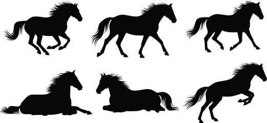 Horse silhouette vector set with walking, lying, rearing poses for equine anatomy, nature themes, animal motion study, and design use