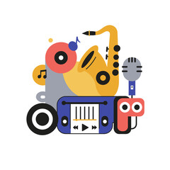 Colorful illustration of a saxophone, microphone, record, and music player arranged in a vibrant, abstract composition.