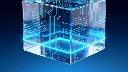 Glowing circuit cube on blue background