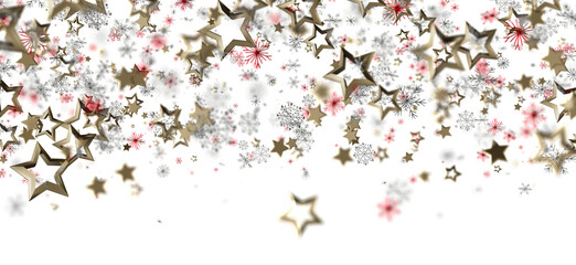 Festive image of golden stars, snowflakes and red flowers on white backdrop. Ideal for Christmas,...