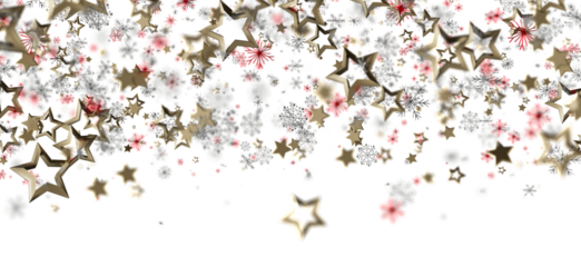 Festive image of golden stars, snowflakes and red flowers on white backdrop. Ideal for Christmas, holiday greetings, winter celebrations, and se