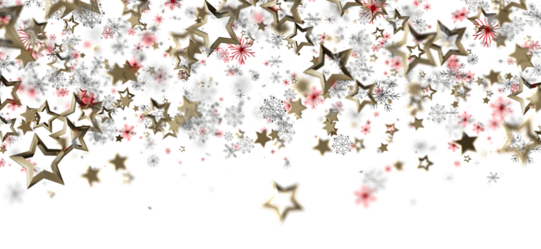 Festive image of golden stars, snowflakes and red flowers on white backdrop. Ideal for Christmas, holiday greetings, winter celebrations, and se