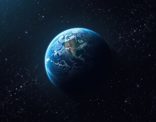 Fototapeta premium A solitary planet drifts serenely through the inky blackness of space, its surface a swirling mix of vibrant blues and greens, illuminated by distant stars, colors, universe, blue