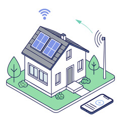 Modern smart home with solar panels on the roof connected wirelessly to a smartphone and a street lamp