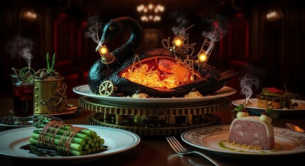 Fototapeta premium Mysterious steampunk feast with elaborate food presentation and glowing centerpiece