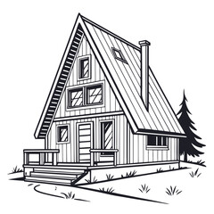 A rustic aframe cabin, rendered in monochrome, stands as a testament to simple living and architectural ingenuity, inviting contemplation of natures embrace