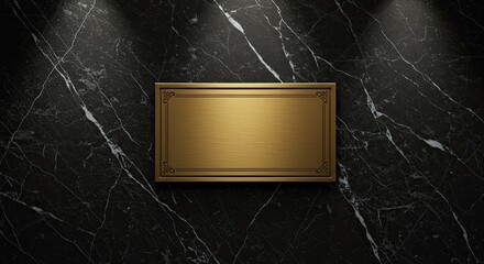 Elegant golden plaque on a luxurious marble wall surface with dramatic lighting creating a