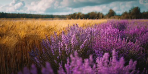 Golden wheat meets purple lavender field under the cloudy sky.