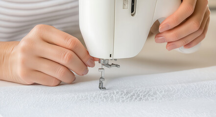 Naklejka premium Female seamstress using a sewing machine to create fabric designs, showcasing intricate stitching techniques and the artistry of textile craftsmanship in a bright workspace