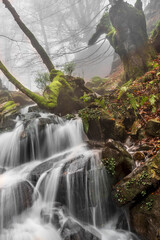Obraz premium Ethereal long exposure of a stream in Gorbea Natural Park, Bizkaia, Spain, cascading over mossy rocks amidst lush, green woodland