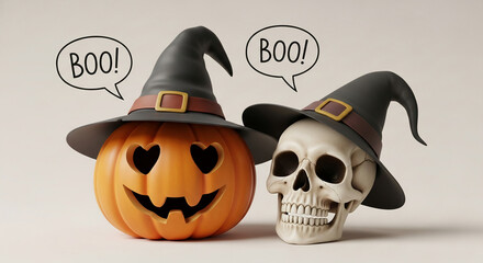 Carved pumpkin and skull wearing witch hats, speech bubbles saying "Boo!"  Halloween scene, playful and spooky, ideal for festive designs