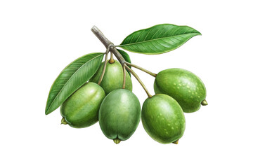 Green Fruits and Leaves on a Branch Artistic Illustration on Black Background