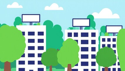Naklejka premium Flat Design Cityscape With Buildings Trees and Billboards