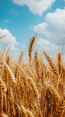 Fototapeta premium Golden wheat field swaying under a clear blue sky, capturing the warmth of harvest season and rural agricultural landscape.