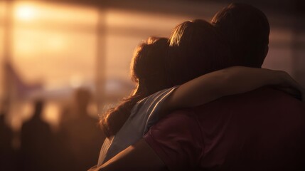 A family embraces tightly at an airport during a warm golden hour evoking strong emotions of reunion and farewell