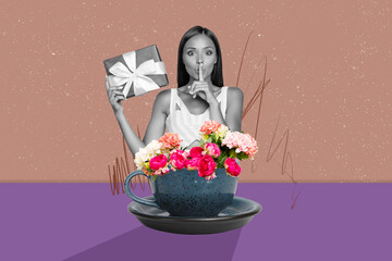 Banner creative art collage of happy girl guy stand coffee cup flower rose bloom celebration spring day cacao bliss beverage