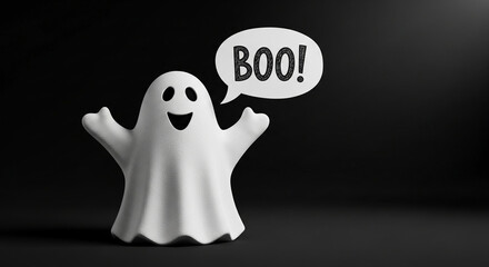 White ghost figure on black background, saying Boo in speech bubble, showcasing Halloween theme, ideal for festive greeting cards or spooky designs, free space available