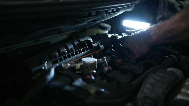 Close-up of a mechanic's hand working deep inside a car engine bay, illuminated by a bright LED flashlight, conveying repair, inspection, and professional technical labor