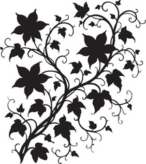 Elegant Floral Silhouette Lush Vine with Blooms and Leaves, black silhouette clip art vector drawing
