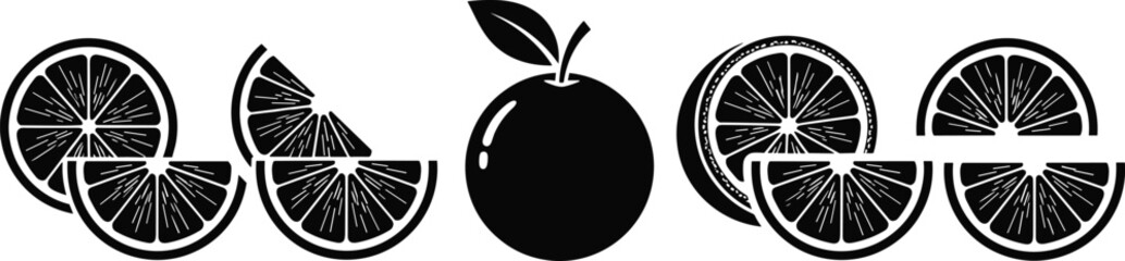 Black and white citrus fruit illustration with whole orange and symmetrical slices for design, nutrition, anatomy, branding, and education themes