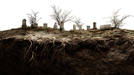 Eerie graveyard landscape with barren trees and visible roots, perfect for spooky Halloween designs and gothic themes with a somber, haunting atmosphere