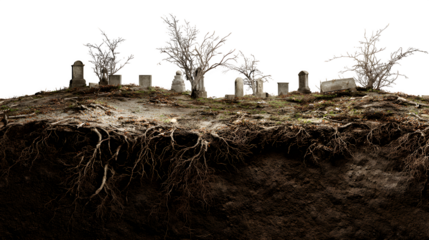 Eerie graveyard landscape with barren trees and visible roots, perfect for spooky Halloween designs and gothic themes with a somber, haunting atmosphere