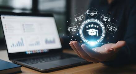 E-learning and online education concept with a glowing virtual icon of a graduation cap and diplomas, symbolizing knowledge, skill development, and achievement