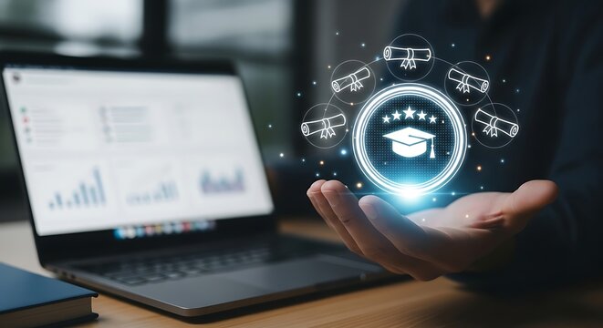 E-learning and online education concept with a glowing virtual icon of a graduation cap and diplomas, symbolizing knowledge, skill development, and achievement