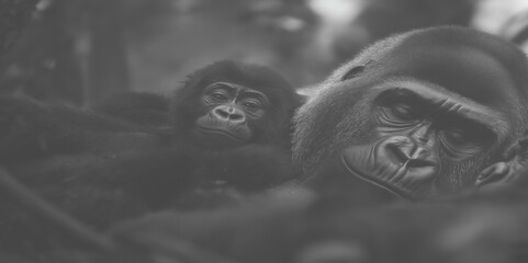 Gorilla and baby rest together in quiet scene of familial affection.