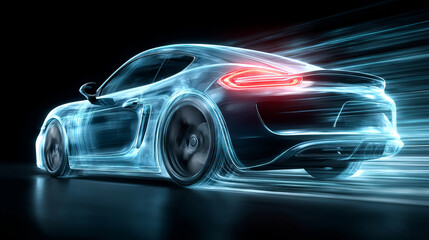 A futuristic car with glowing outlines speeding away in a dark background