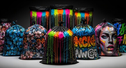 Colorful trash bags with floral and graffiti designs against a dark background