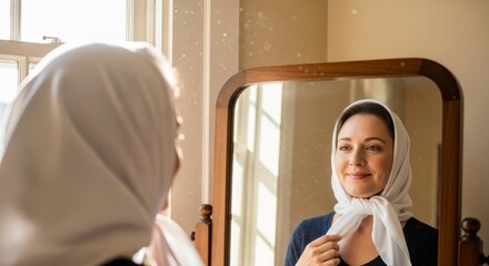 A woman adjusts her scarf while looking at her reflection in the mirror