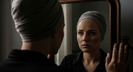 Woman Without Hair Reflecting in a Mirror with Thoughtful Expression