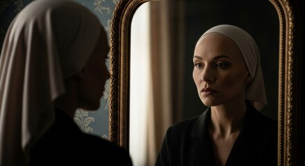 A woman with a headscarf gazing into an ornate antique mirror against a vintage background