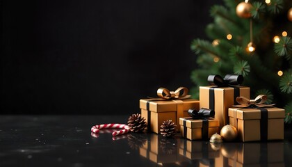 A group of wrapped gift boxes and a Christmas tree on dark background, The boxes are golden, black bows, small pine cones, candy canes. The Christmas tree is decorated with lights and ornaments.