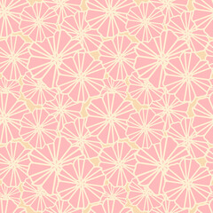 Abstract floral seamless pattern like Japanese chrysanthemums or kiku in pink and white borders in a modern style. Cream colored background for textiles, wallpaper, wrapping paper, handkerchiefs, tile