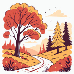 Stylized autumn landscape with a winding path through colorful trees and rolling hills under a cloudy sky