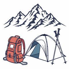 Illustration of a red backpack a tent and trekking poles set against a backdrop of majestic mountains symbolizing outdoor adventure and camping