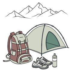Illustration of camping gear including a backpack tent hiking shoes and water bottle set against a backdrop of mountain peaks